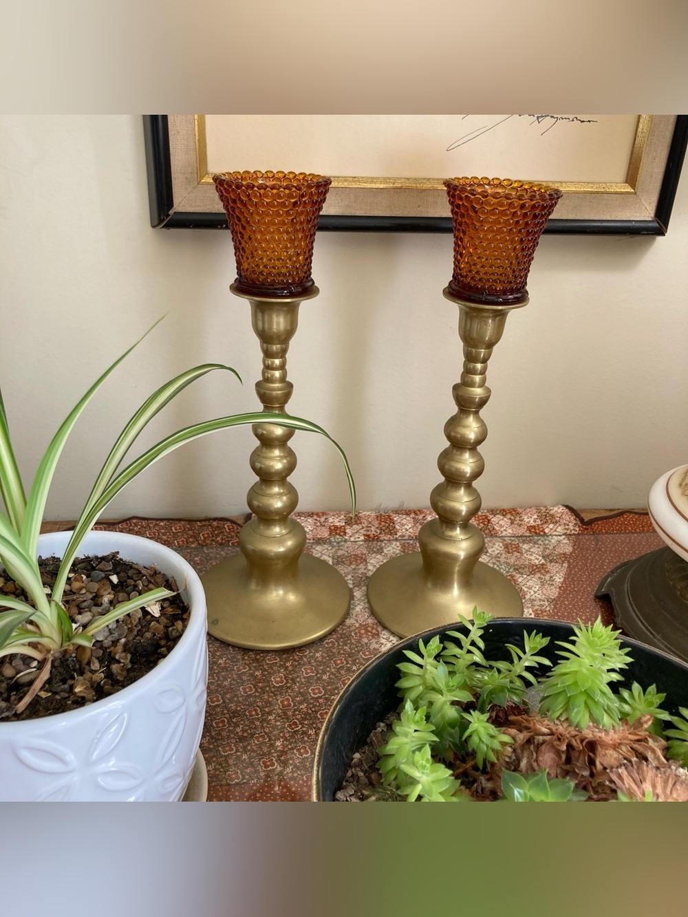 Candleholder Pair Brass Heavy Solid Set, 10”Natural Patina Amber Votives Vtg MCM